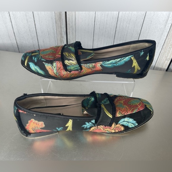 ZARA BASIC Black Orange Green Blue Floral Brocade fabric Fringe Loafers 41 - Picture 1 of 8